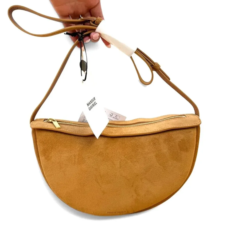 NWT Mansur Gavriel Moon Crossbody Sling Bag Caramel Suede Leather Crescent
